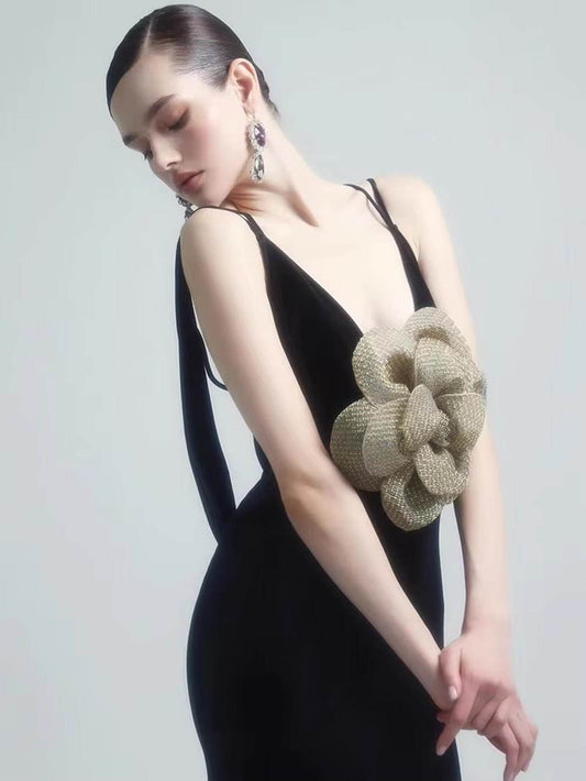 Neck 3D Flowers Backless Design Black Velvet Maxi Long dress - REBECATHELABEL