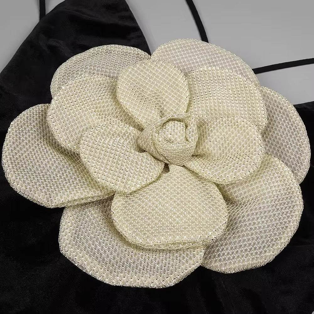 Neck 3D Flowers Backless Design Black Velvet Maxi Long dress - REBECATHELABEL