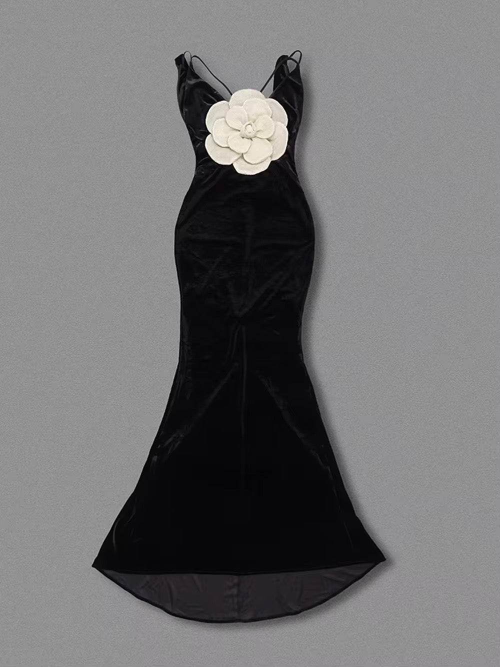 Neck 3D Flowers Backless Design Black Velvet Maxi Long dress - REBECATHELABEL