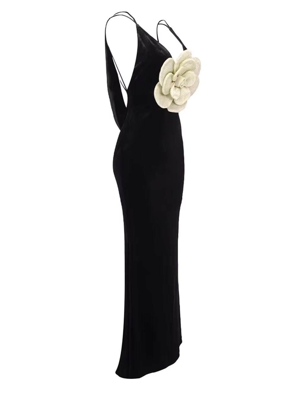 Neck 3D Flowers Backless Design Black Velvet Maxi Long dress - REBECATHELABEL