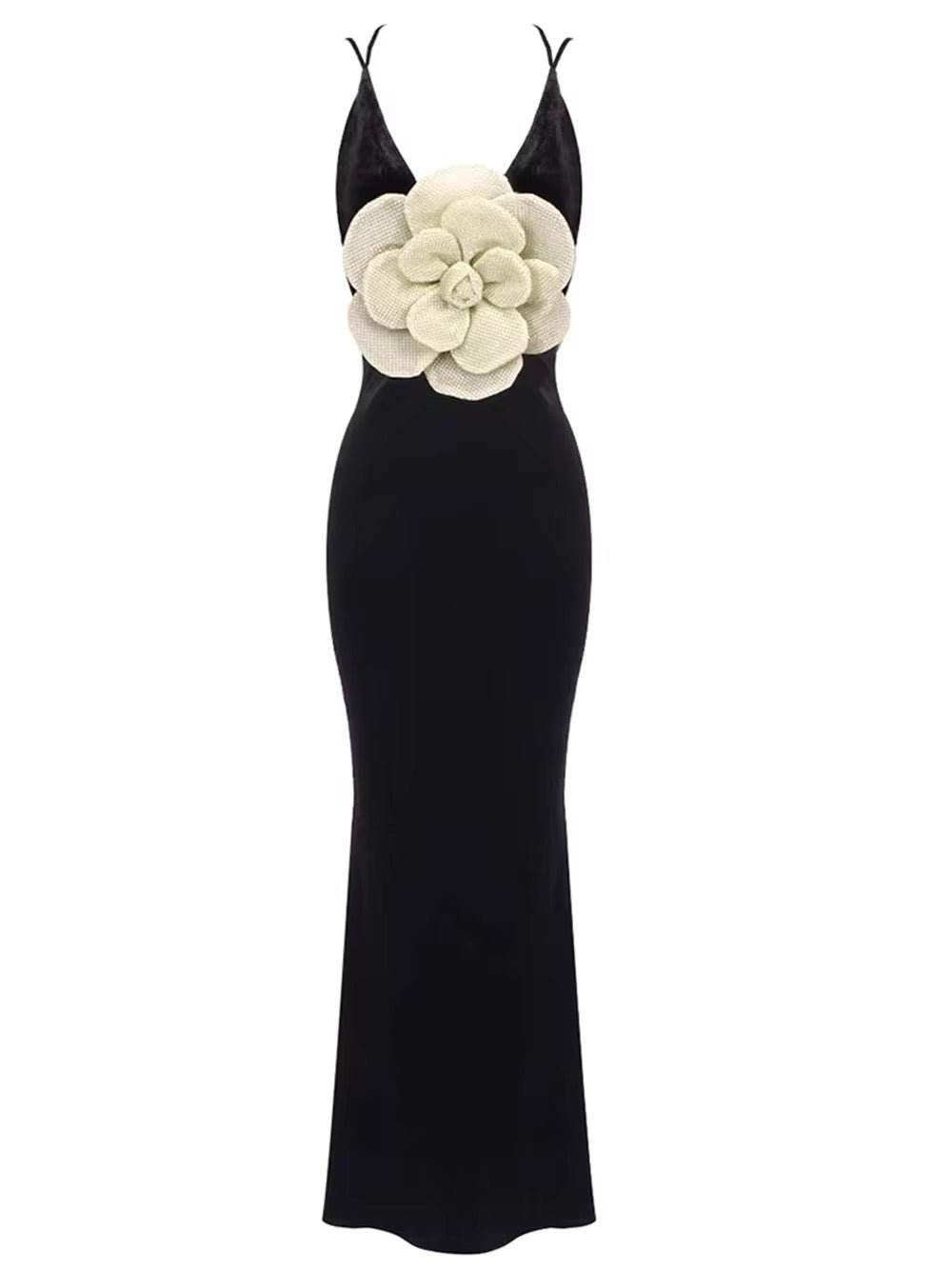 Neck 3D Flowers Backless Design Black Velvet Maxi Long dress - REBECATHELABEL