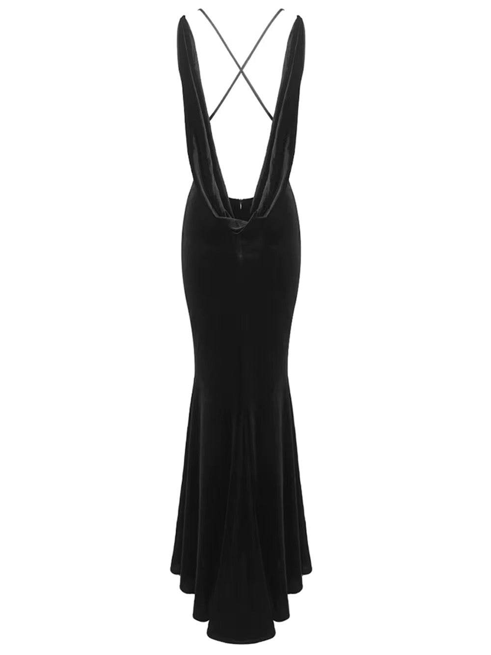 Neck 3D Flowers Backless Design Black Velvet Maxi Long dress - REBECATHELABEL