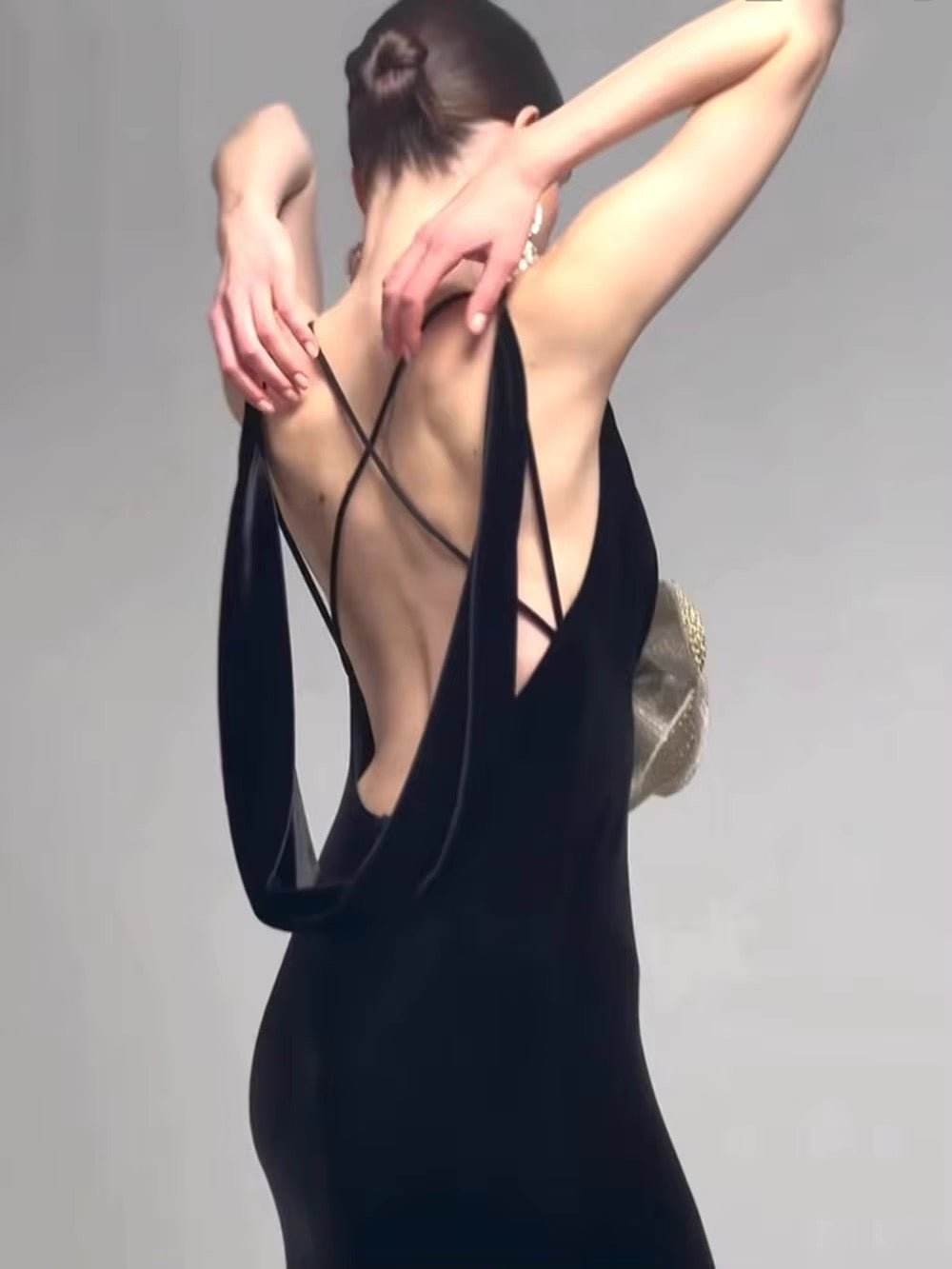 Neck 3D Flowers Backless Design Black Velvet Maxi Long dress - REBECATHELABEL