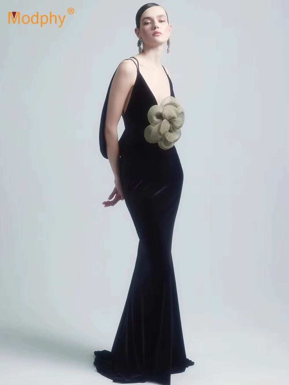 Neck 3D Flowers Backless Design Black Velvet Maxi Long dress - REBECATHELABEL