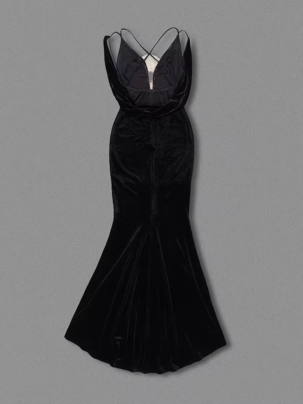 Neck 3D Flowers Backless Design Black Velvet Maxi Long dress - REBECATHELABEL