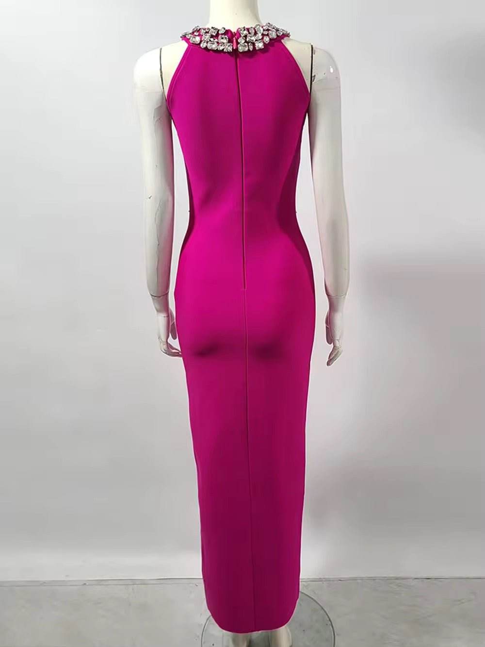 O-Neck Diamond Wrap Hip Maxi Dress - REBECATHELABEL