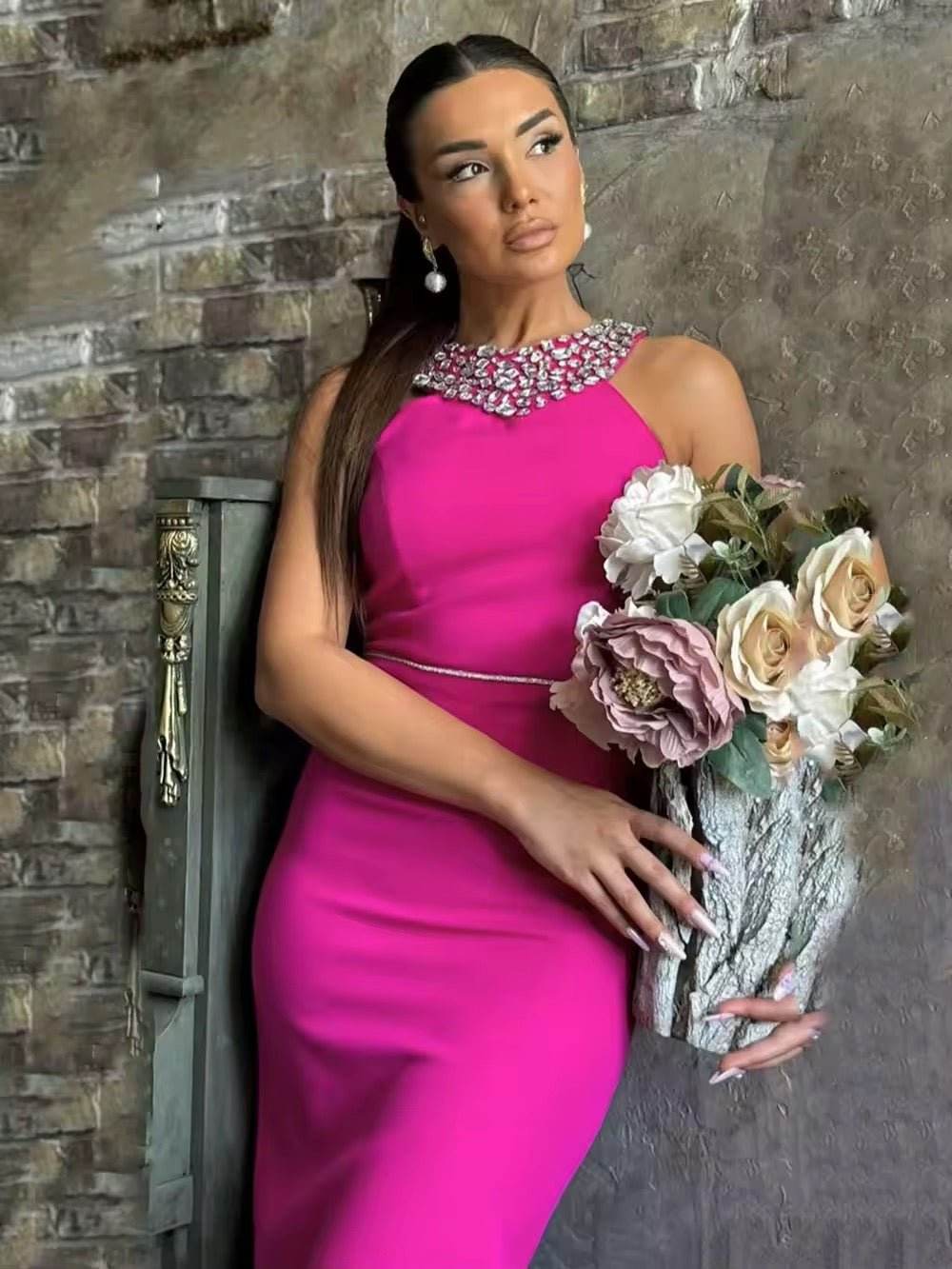 O-Neck Diamond Wrap Hip Maxi Dress - REBECATHELABEL