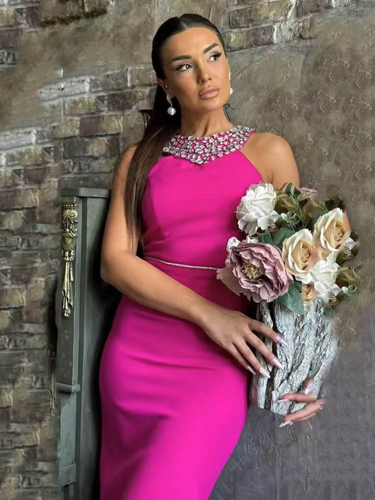 O-Neck Diamond Wrap Hip Maxi Dress - REBECATHELABEL