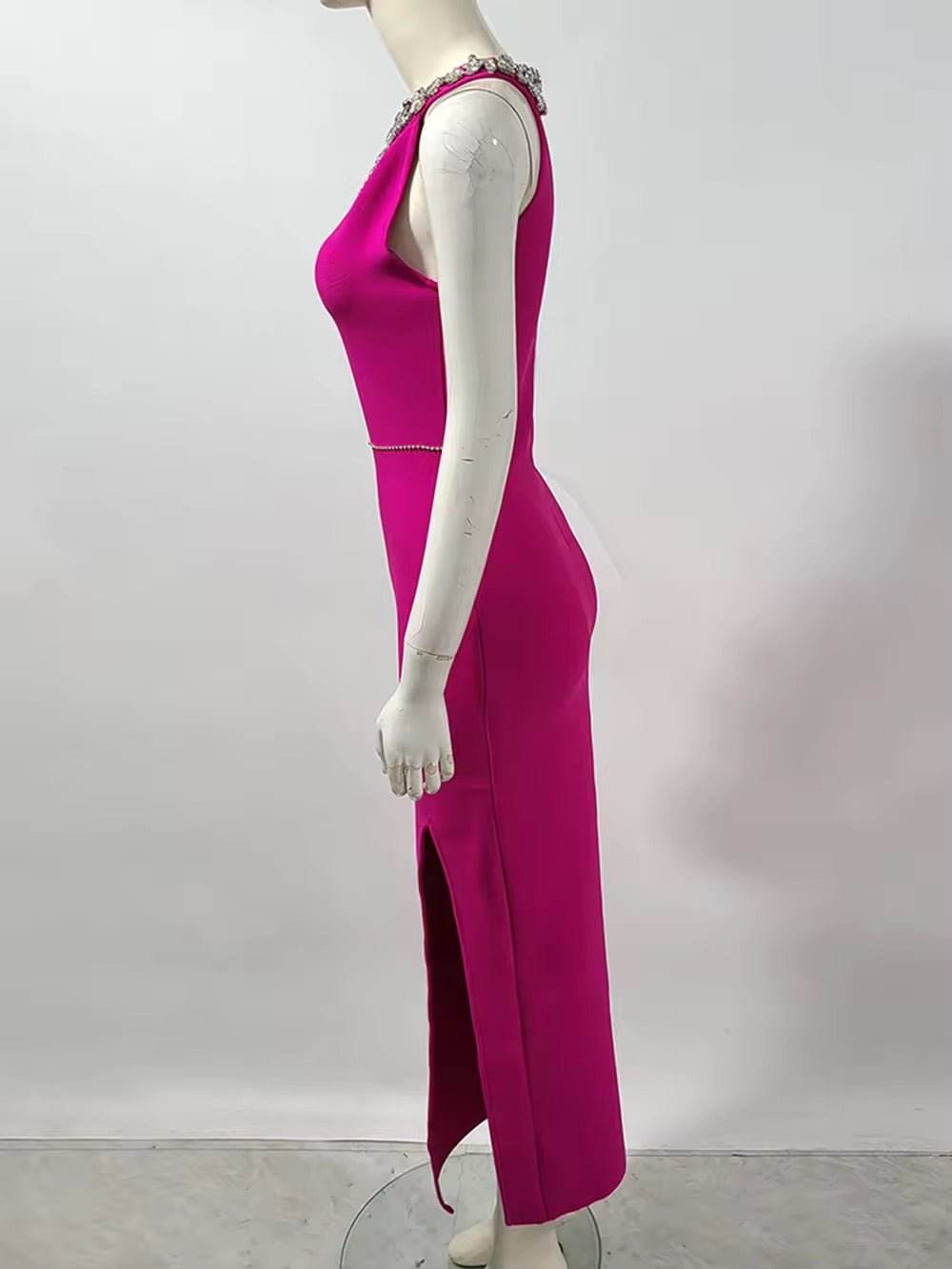 O-Neck Diamond Wrap Hip Maxi Dress - REBECATHELABEL