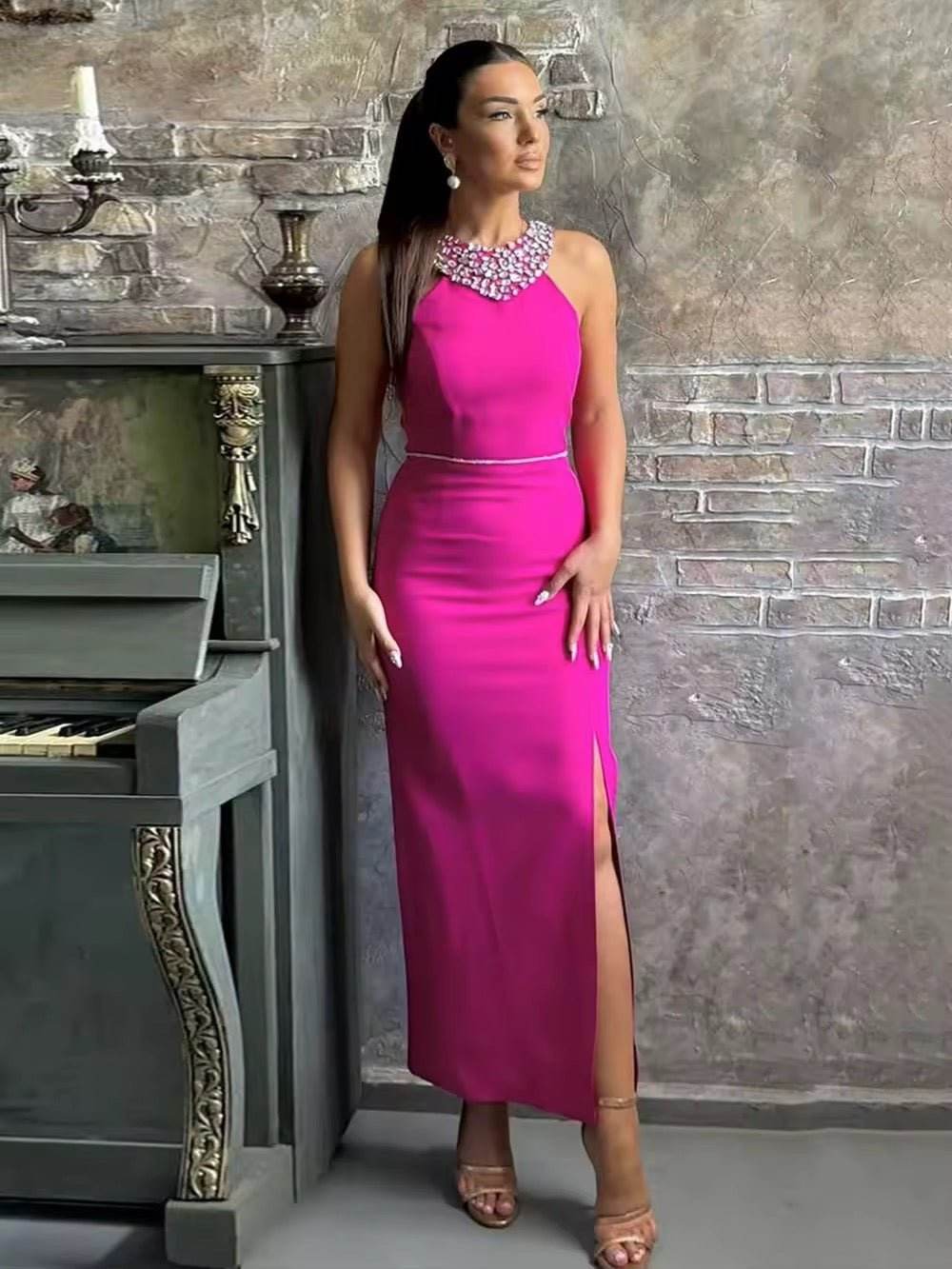 O-Neck Diamond Wrap Hip Maxi Dress - REBECATHELABEL