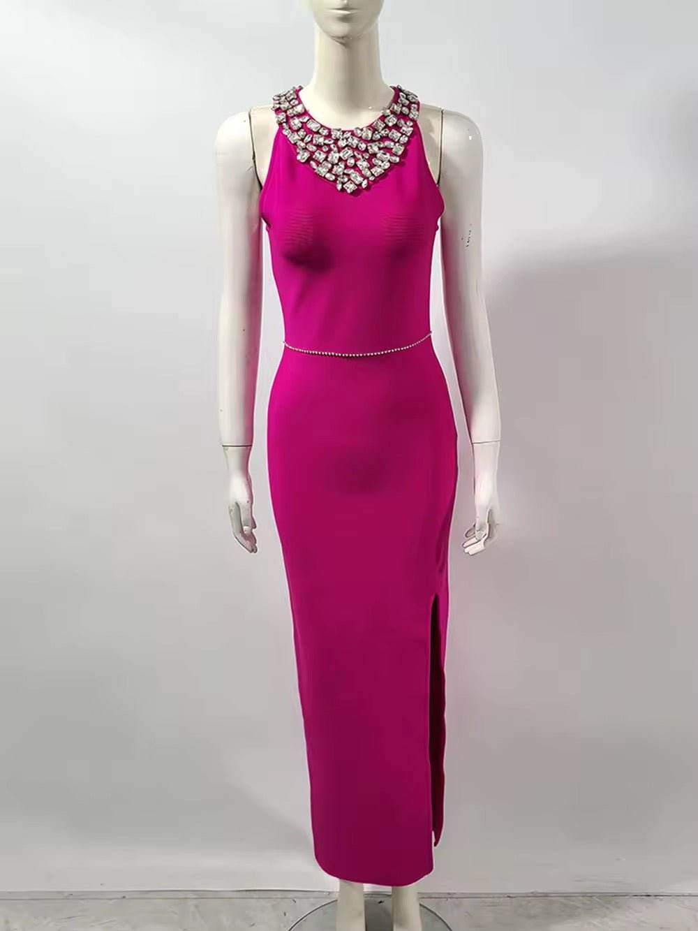 O-Neck Diamond Wrap Hip Maxi Dress - REBECATHELABEL