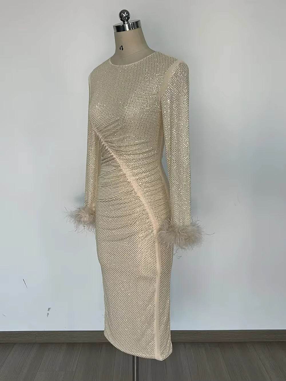 O Neck Long Sleeve Diamond Feathers Bodycon Midi Dress - REBECATHELABEL