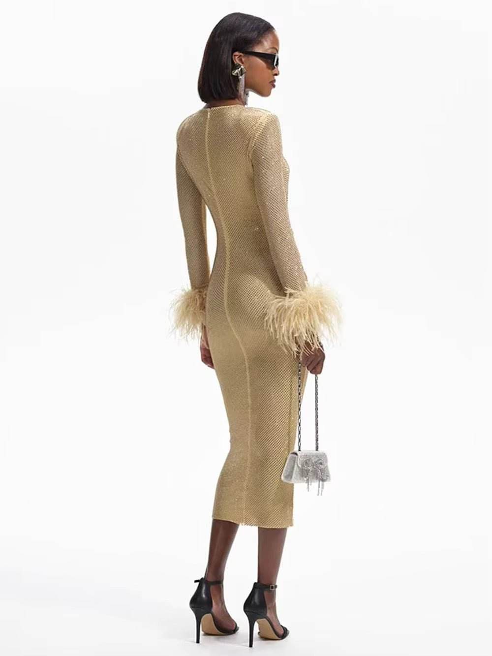 O Neck Long Sleeve Diamond Feathers Bodycon Midi Dress - REBECATHELABEL