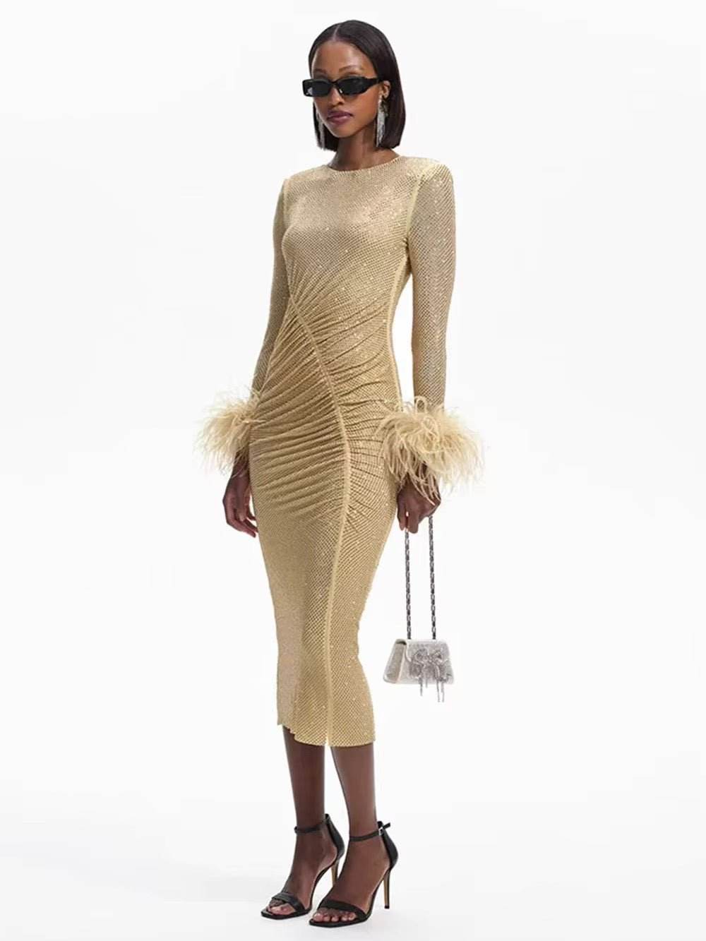 O Neck Long Sleeve Diamond Feathers Bodycon Midi Dress - REBECATHELABEL