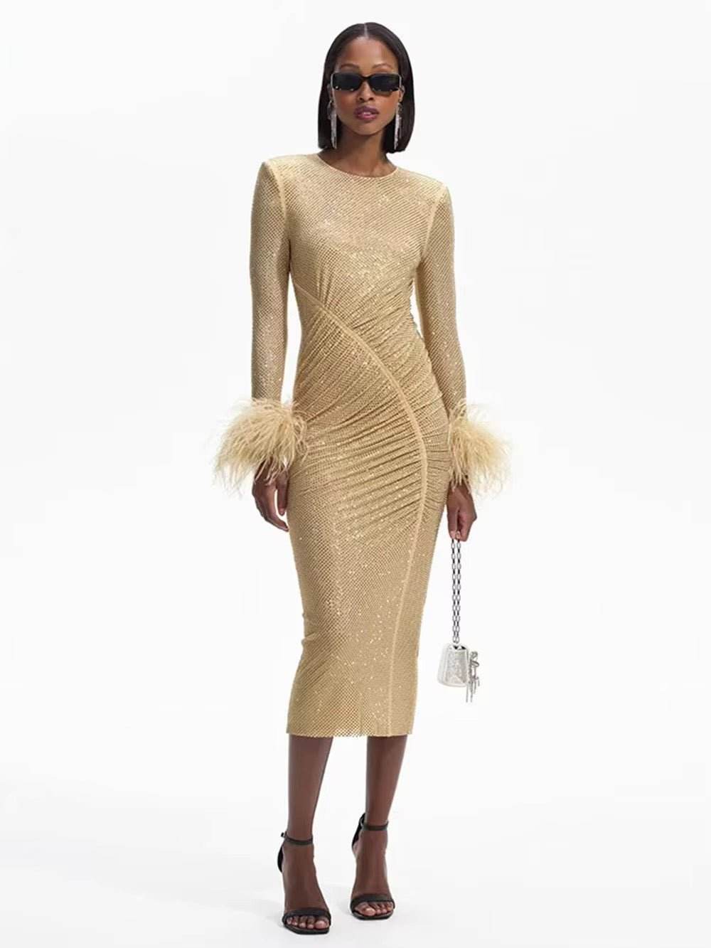 O Neck Long Sleeve Diamond Feathers Bodycon Midi Dress - REBECATHELABEL