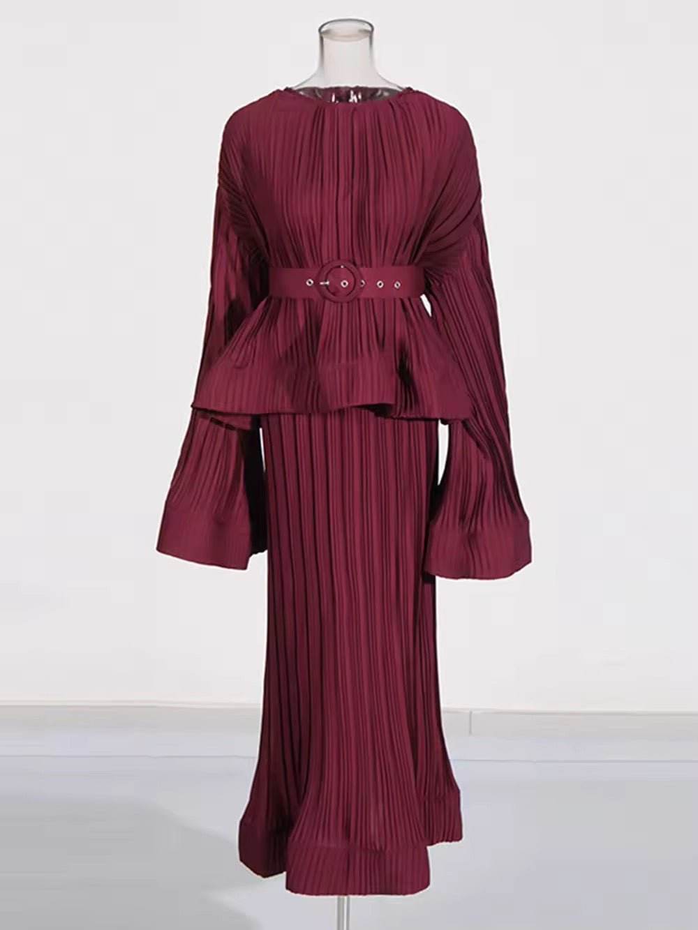 O Neck Long Sleeve Ruffles Tops High Waist Skirt Set - REBECATHELABEL