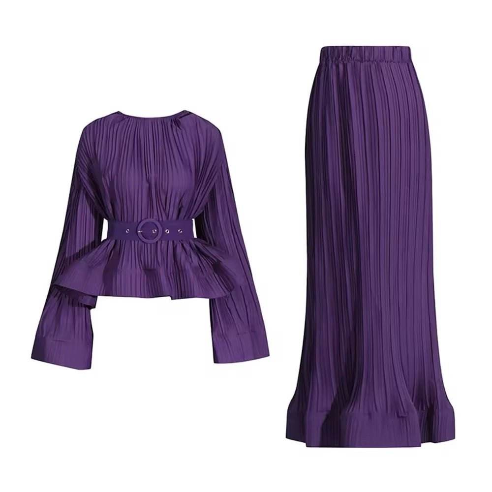 O Neck Long Sleeve Ruffles Tops High Waist Skirt Set - REBECATHELABEL