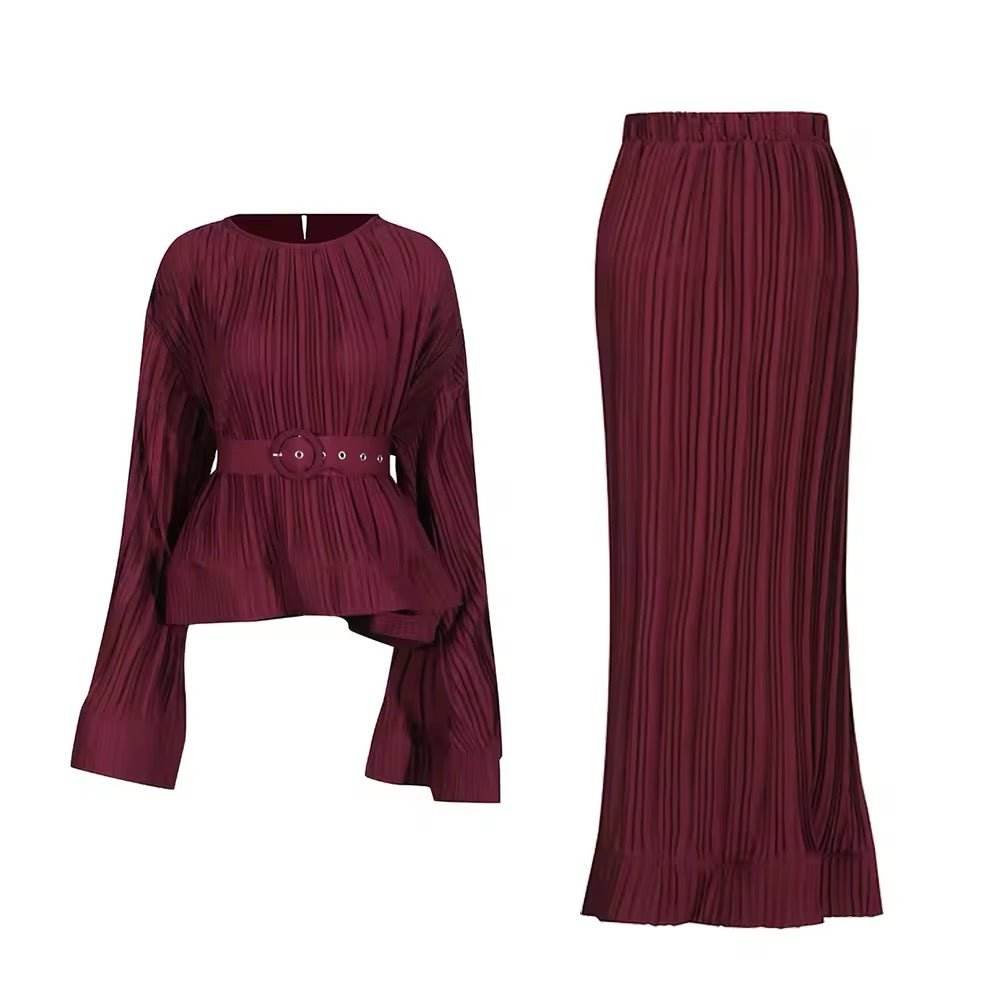 O Neck Long Sleeve Ruffles Tops High Waist Skirt Set - REBECATHELABEL