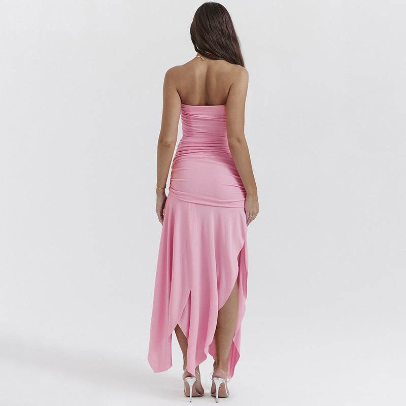 off Neck Mesh Stitched Backless Split Dress - REBECATHELABEL