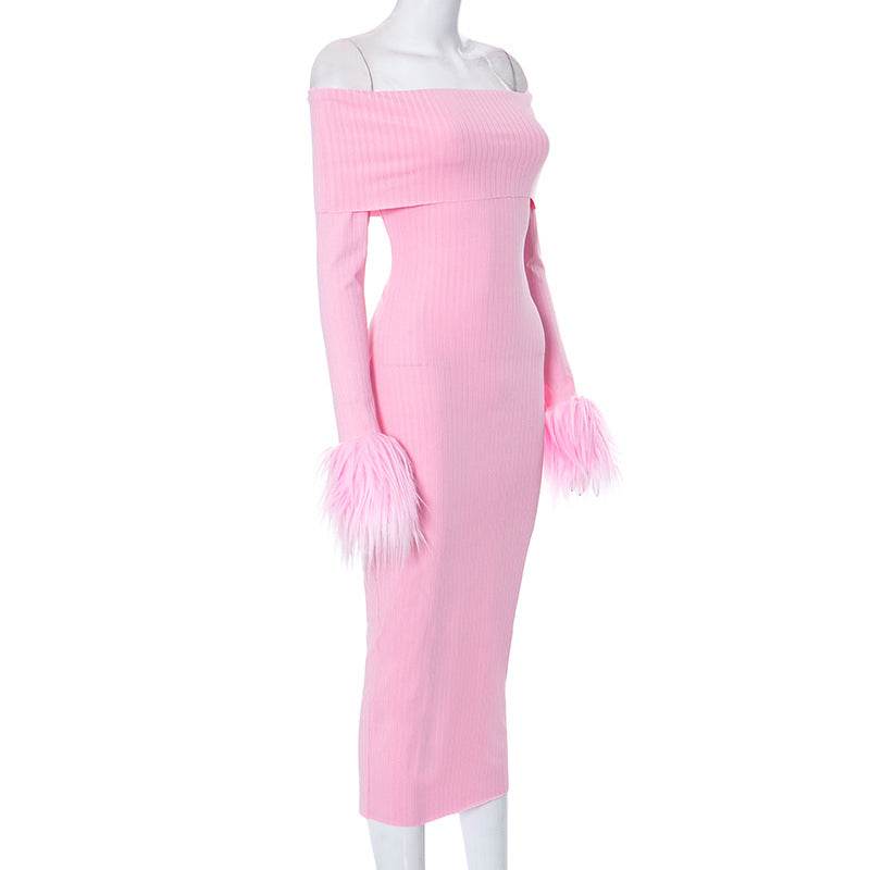 off Shoulder Dress Personality Fur Sleeve Slim Fit Maxi Dress - REBECATHELABEL