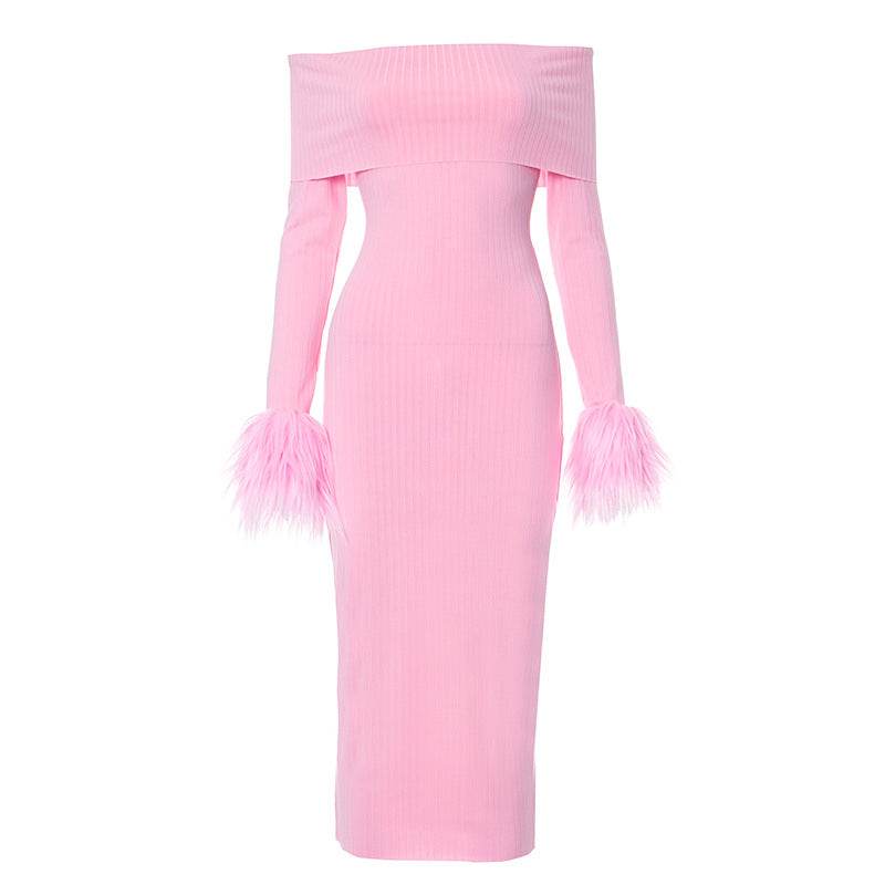 off Shoulder Dress Personality Fur Sleeve Slim Fit Maxi Dress - REBECATHELABEL