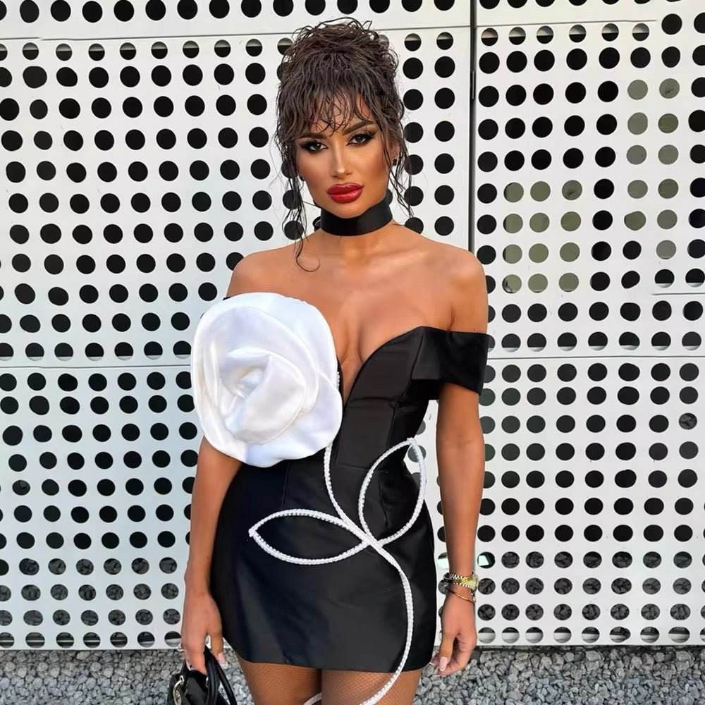 Off Shoulder 3D Flower Bandage Mini Dress - REBECATHELABEL