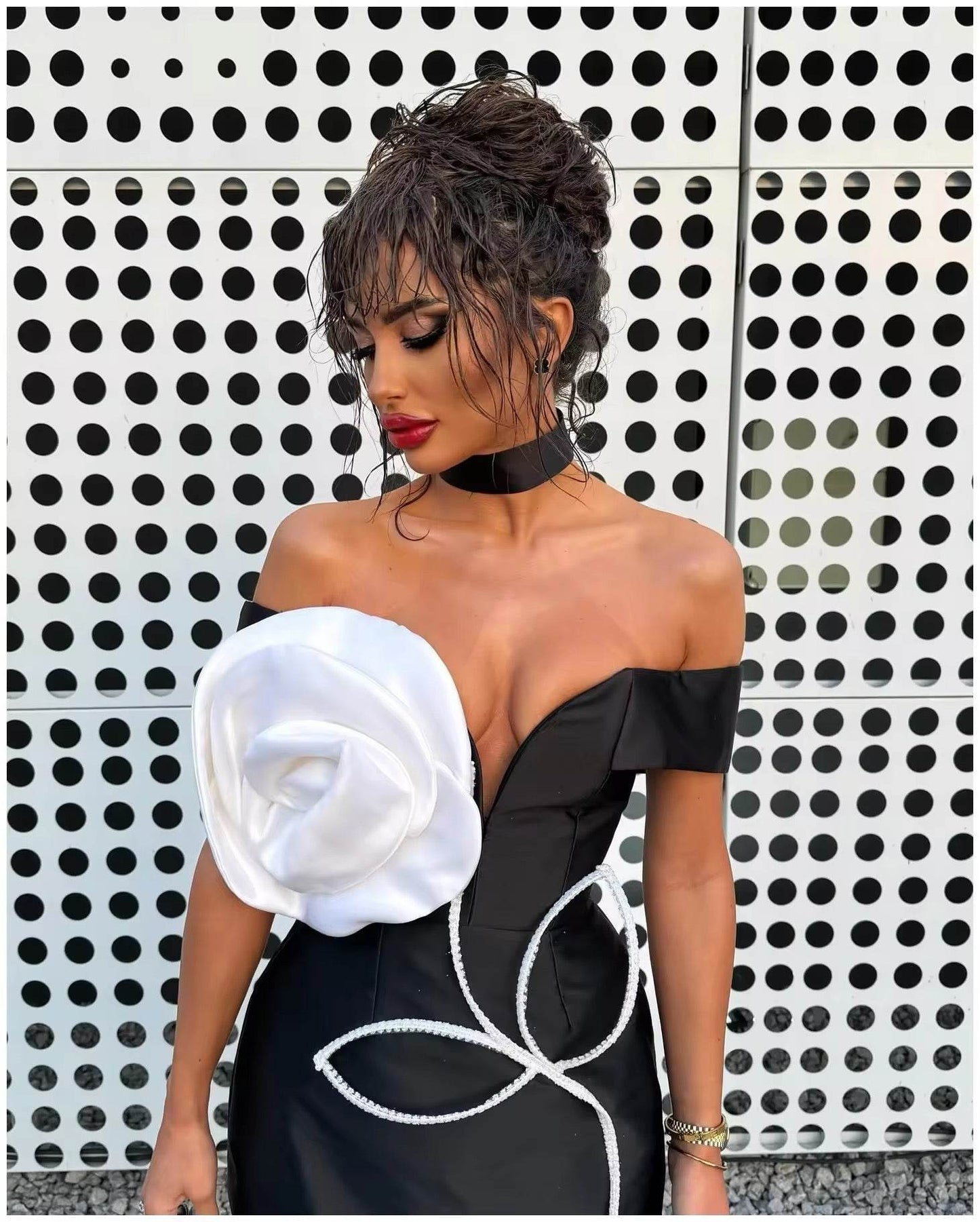 Off Shoulder 3D Flower Bandage Mini Dress - REBECATHELABEL