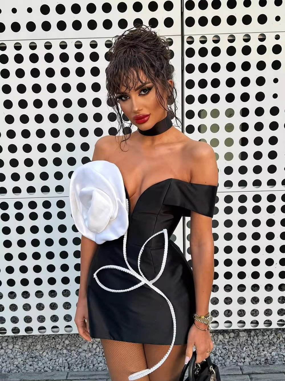 Off Shoulder 3D Flower Bandage Mini Dress - REBECATHELABEL