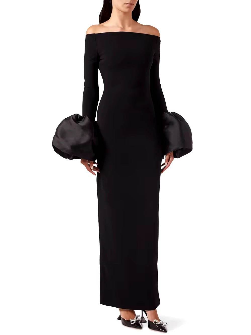 Off Shoulder Bell Sleeve Slasn Neck Bodycon Maxi Bandage Maxi Dress - REBECATHELABEL