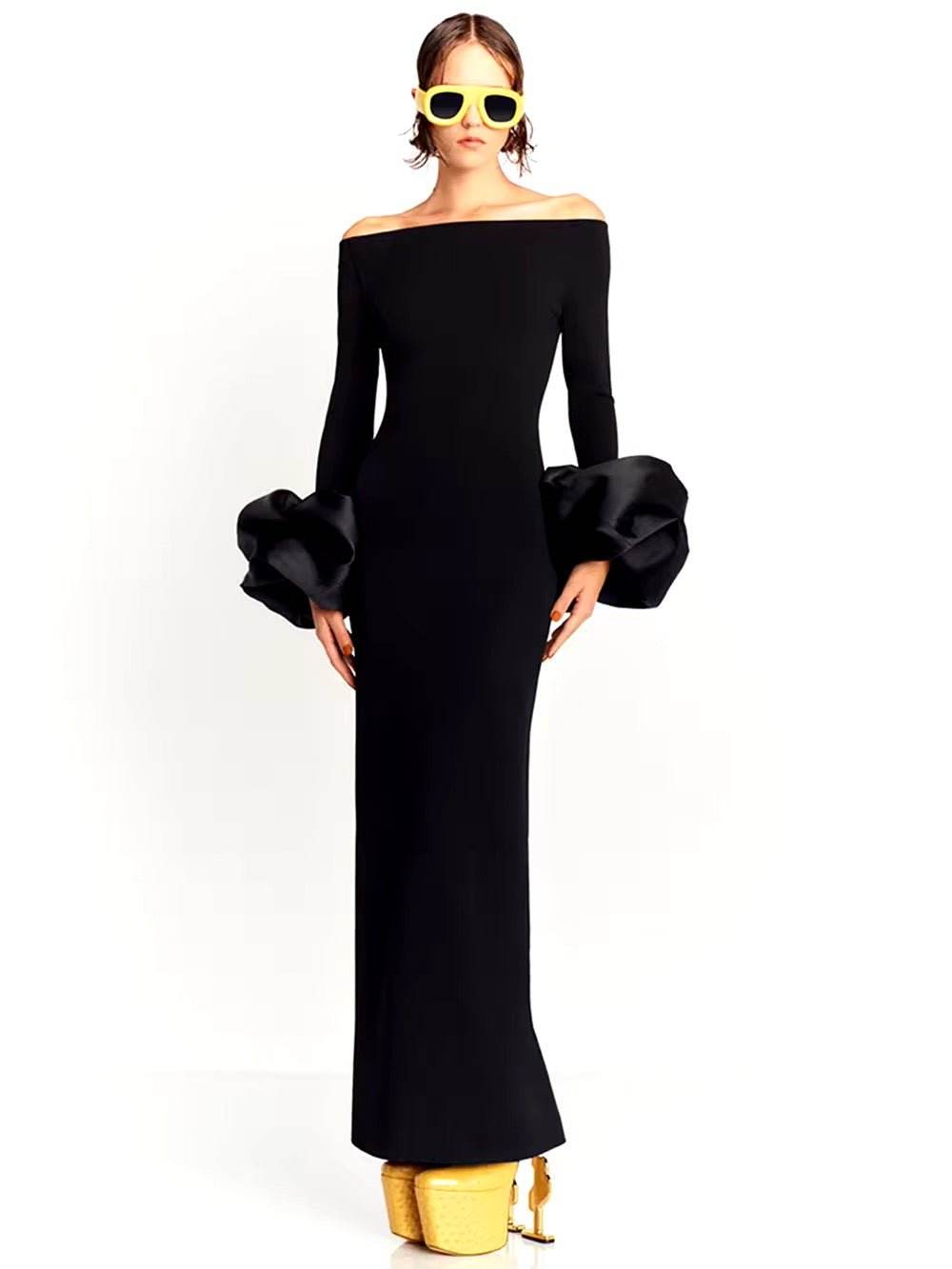 Off Shoulder Bell Sleeve Slasn Neck Bodycon Maxi Bandage Maxi Dress - REBECATHELABEL