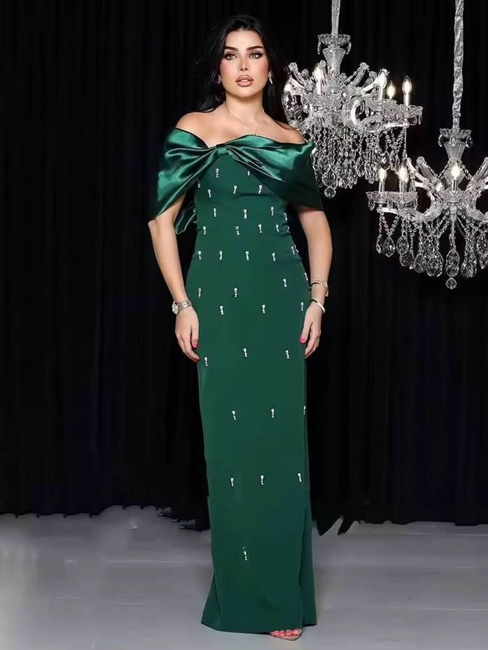 Off Shoulder Diamonds Black Maxi Long Bodycon Bandage Dress - REBECATHELABEL