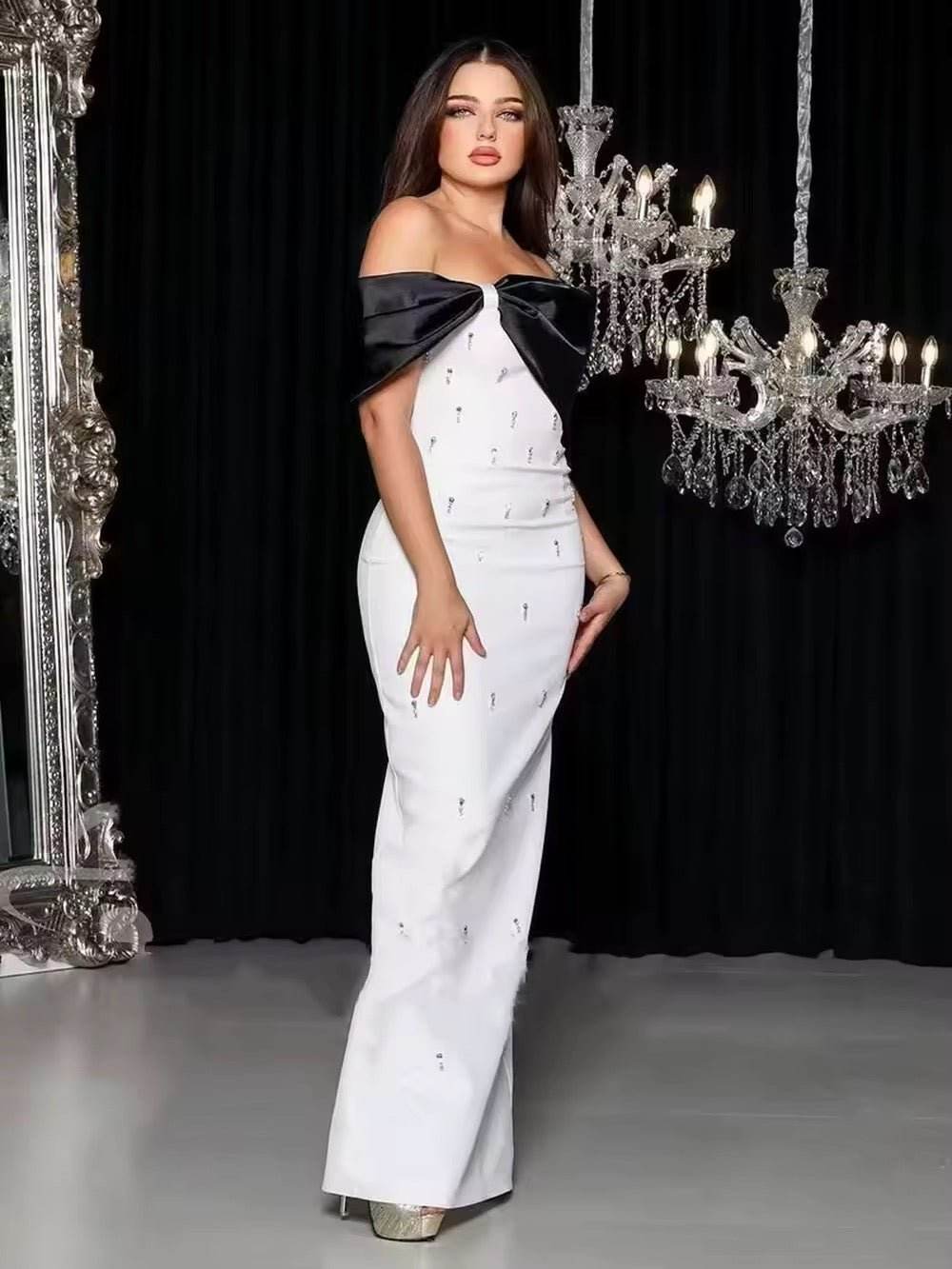 Off Shoulder Diamonds Black Maxi Long Bodycon Bandage Dress - REBECATHELABEL