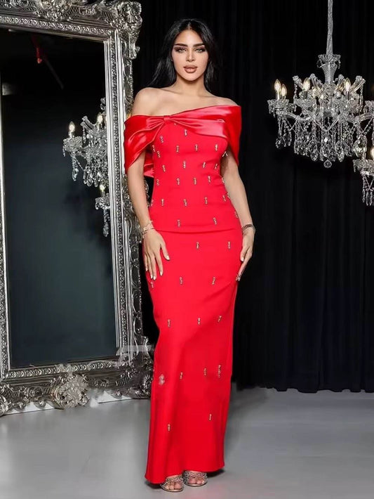 Off Shoulder Diamonds Black Maxi Long Bodycon Bandage Dress - REBECATHELABEL