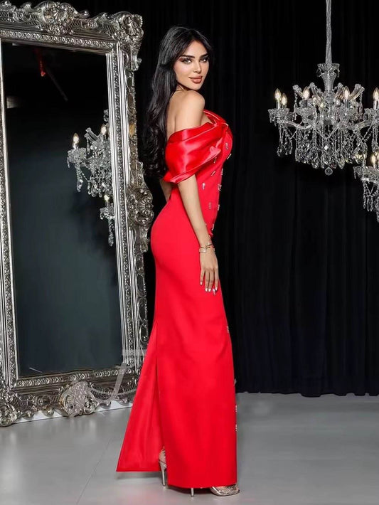 Off Shoulder Diamonds Black Maxi Long Bodycon Bandage Dress - REBECATHELABEL