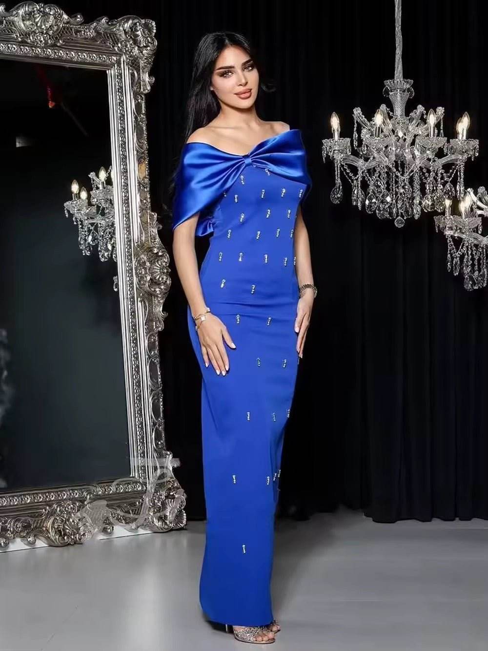 Off Shoulder Diamonds Black Maxi Long Bodycon Bandage Dress - REBECATHELABEL