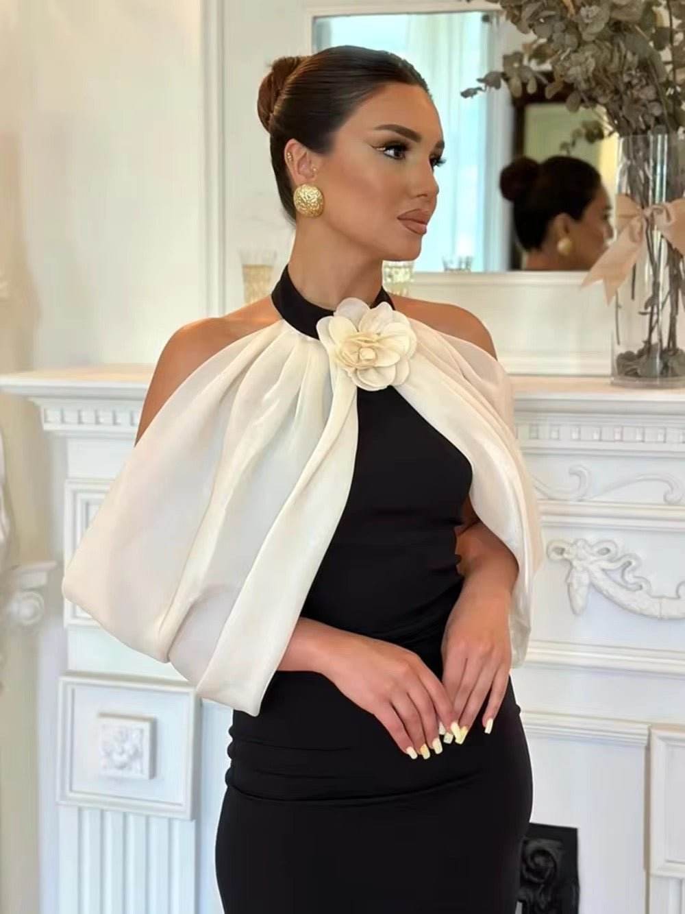 Off Shoulder Halter Patchwork 3D Flower Midi Design Dress - REBECATHELABEL