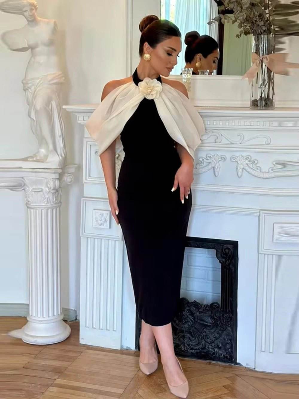 Off Shoulder Halter Patchwork 3D Flower Midi Design Dress - REBECATHELABEL