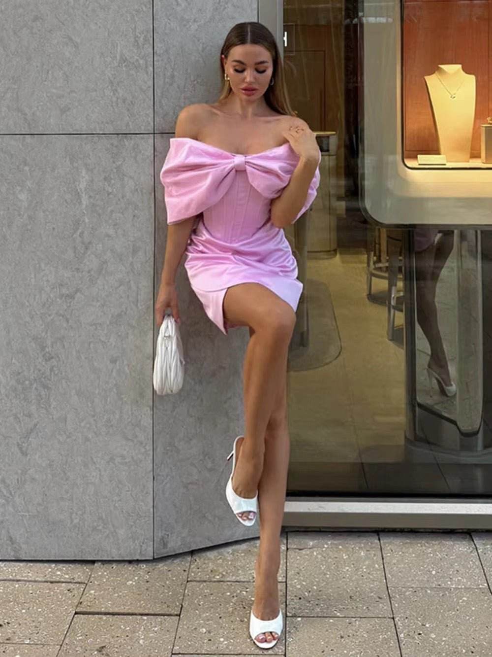 Off Shoulder High Waist Pink A-Line Mini Dress - REBECATHELABEL