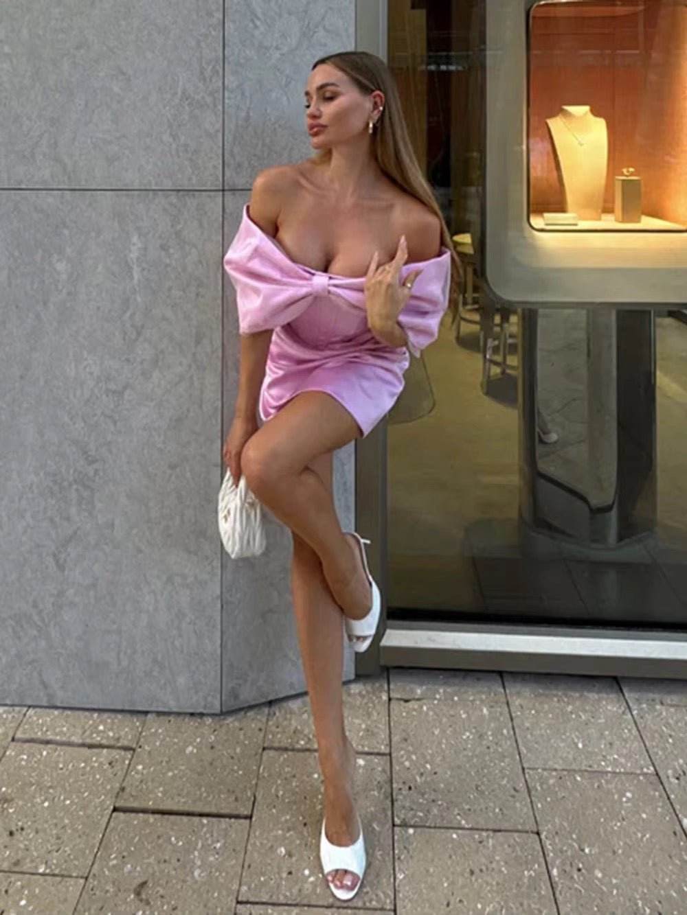 Off Shoulder High Waist Pink A-Line Mini Dress - REBECATHELABEL