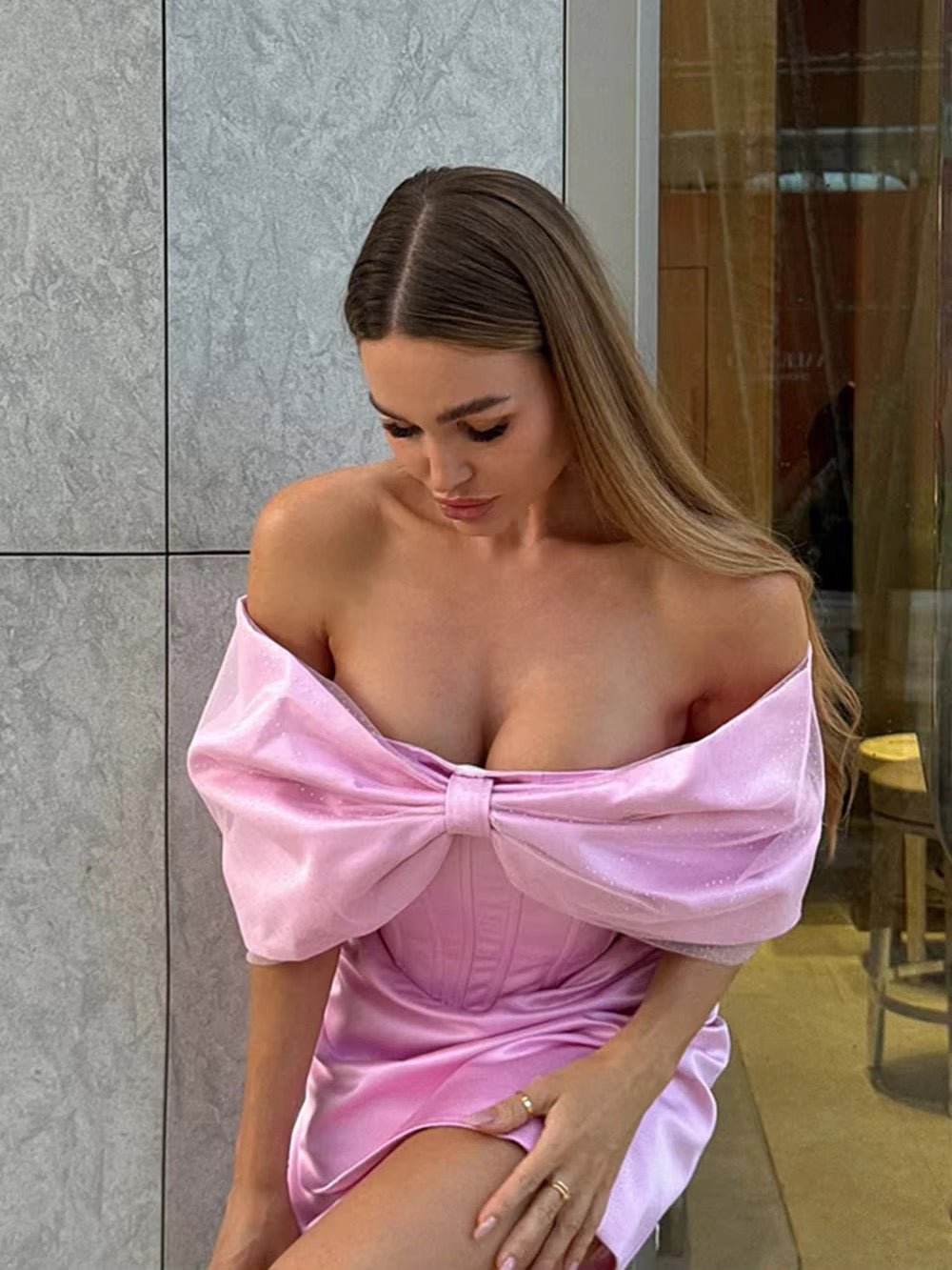 Off Shoulder High Waist Pink A-Line Mini Dress - REBECATHELABEL