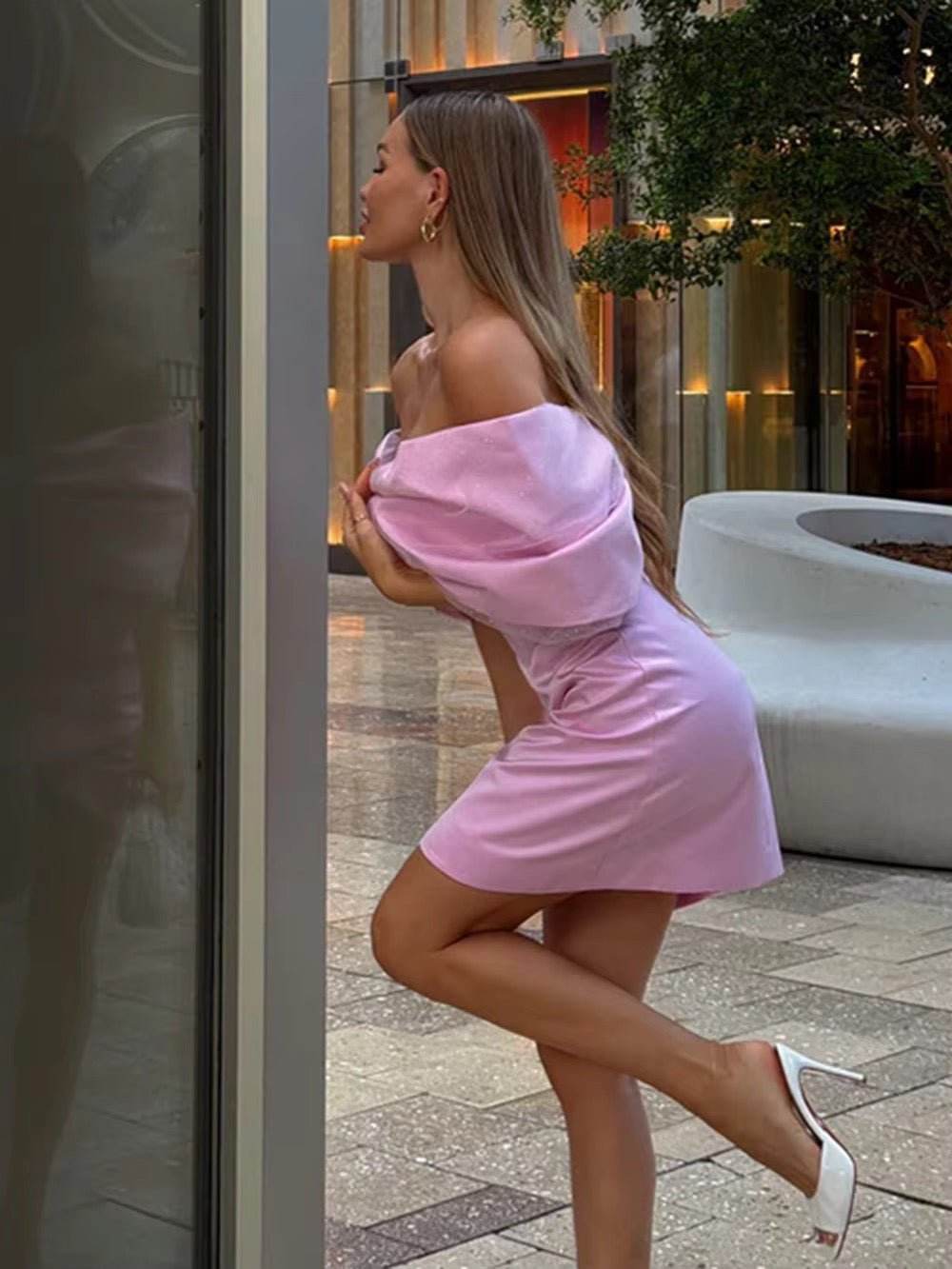 Off Shoulder High Waist Pink A-Line Mini Dress - REBECATHELABEL