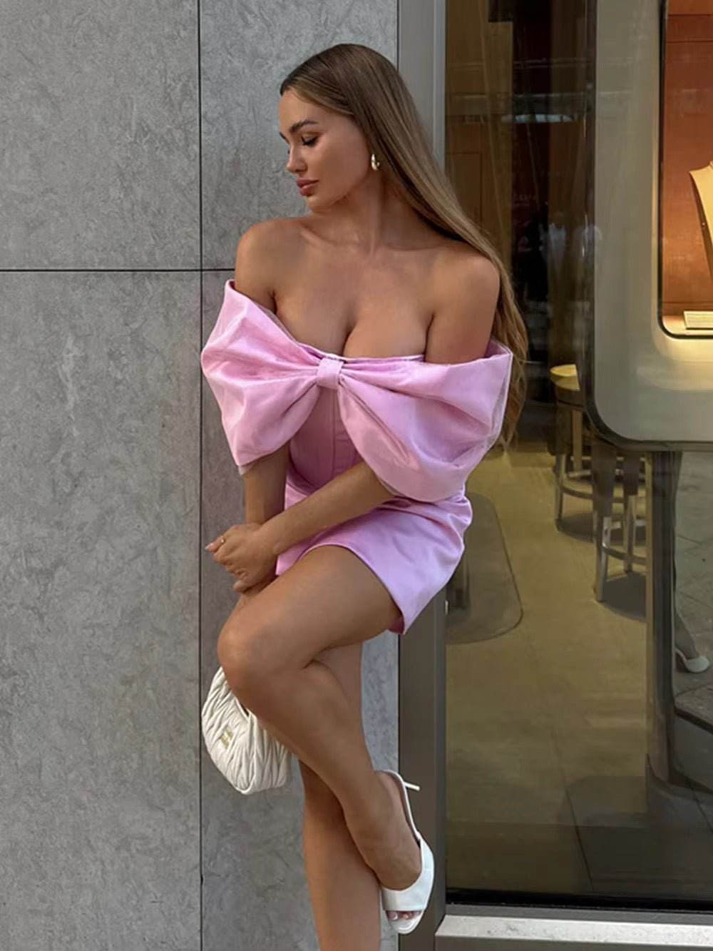 Off Shoulder High Waist Pink A-Line Mini Dress - REBECATHELABEL