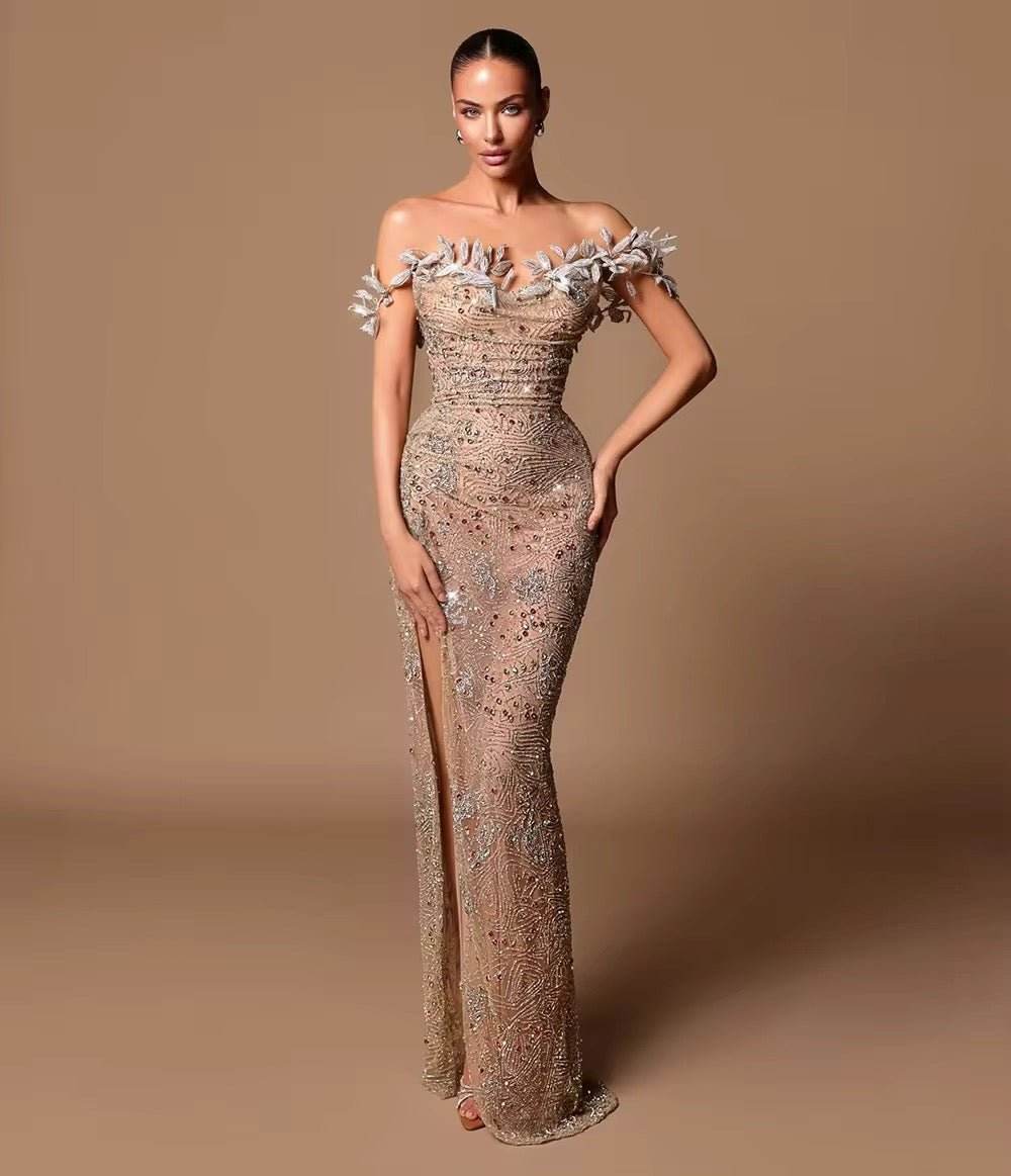 Off Shoulder Sequin Tight Maxi Dress - REBECATHELABEL