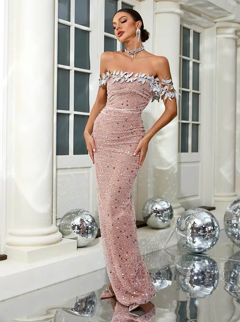 Off Shoulder Sequin Tight Maxi Dress - REBECATHELABEL