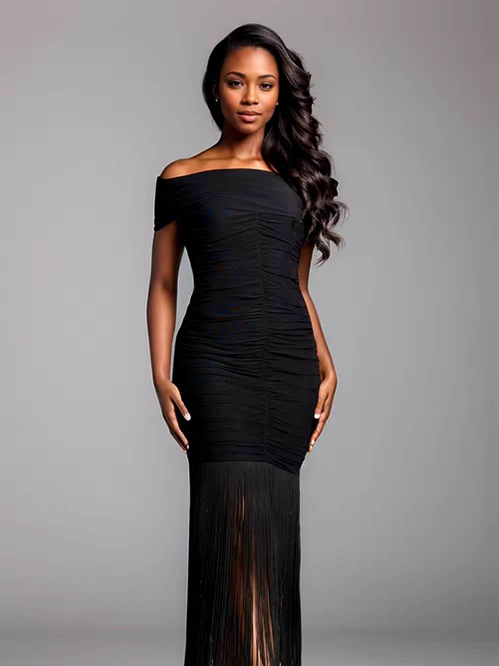 Off Shoulder Tassels Tight Long Dress - REBECATHELABEL