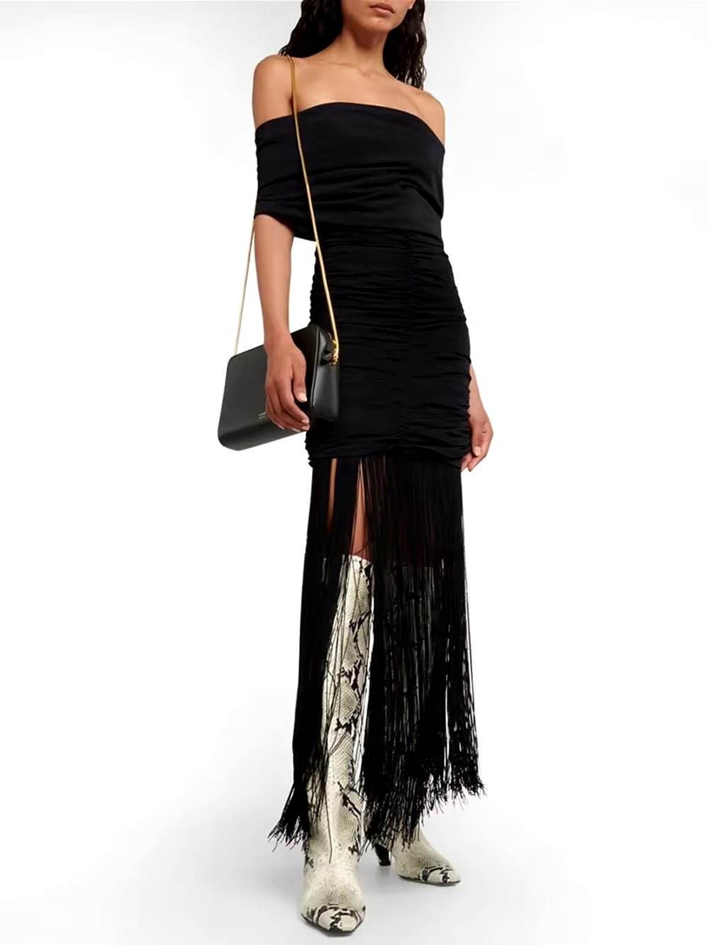 Off Shoulder Tassels Tight Long Dress - REBECATHELABEL