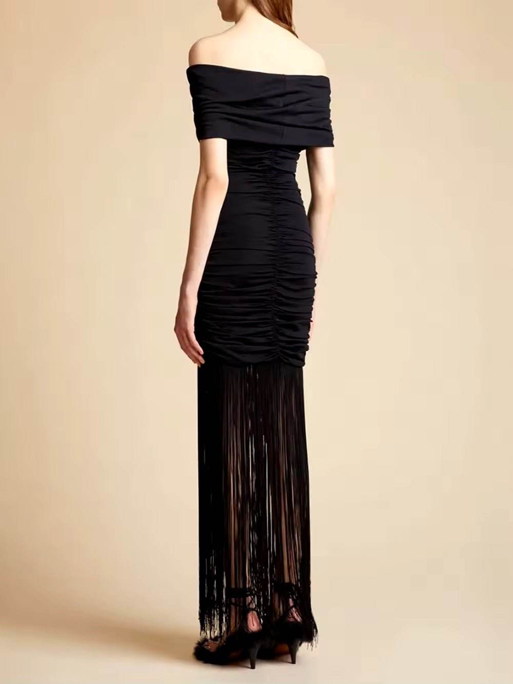 Off Shoulder Tassels Tight Long Dress - REBECATHELABEL