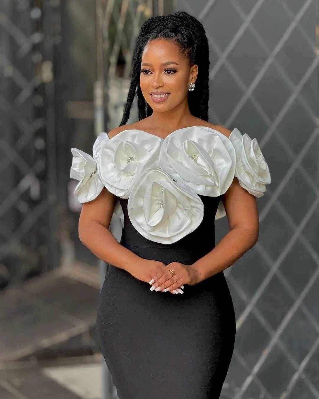 off the shoulder, flower diamond,dress - REBECATHELABEL