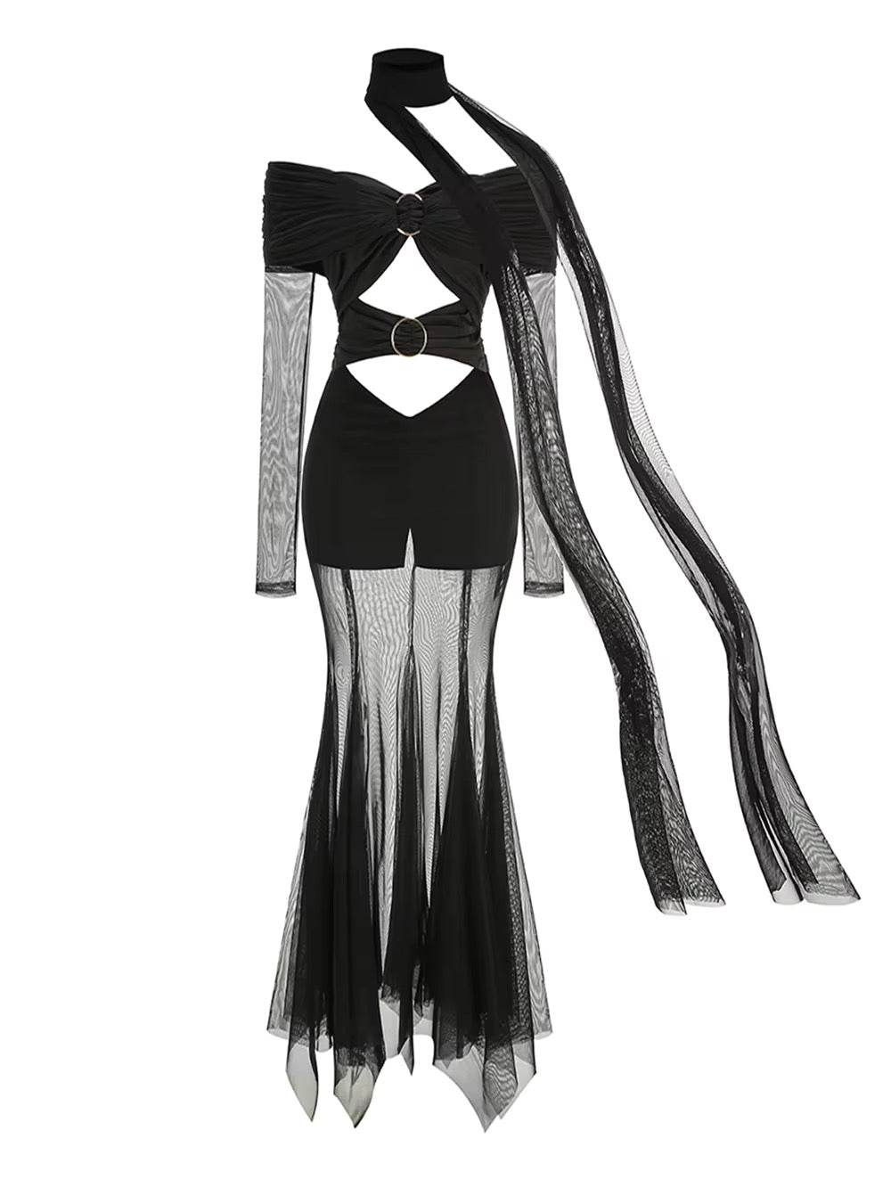 Off The Shoulder Mesh Perspective Long Sleeve dress - REBECATHELABEL