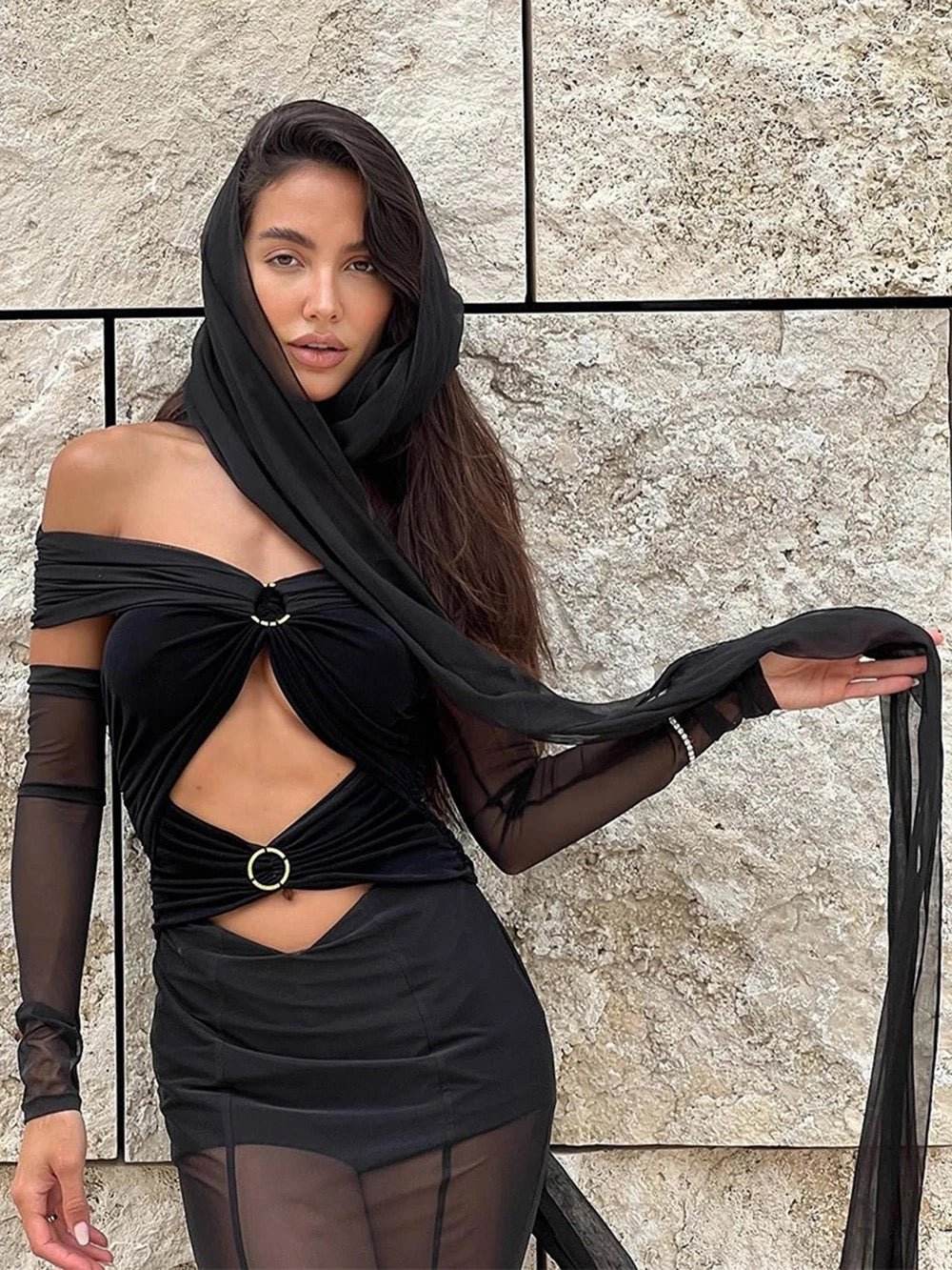 Off The Shoulder Mesh Perspective Long Sleeve dress - REBECATHELABEL